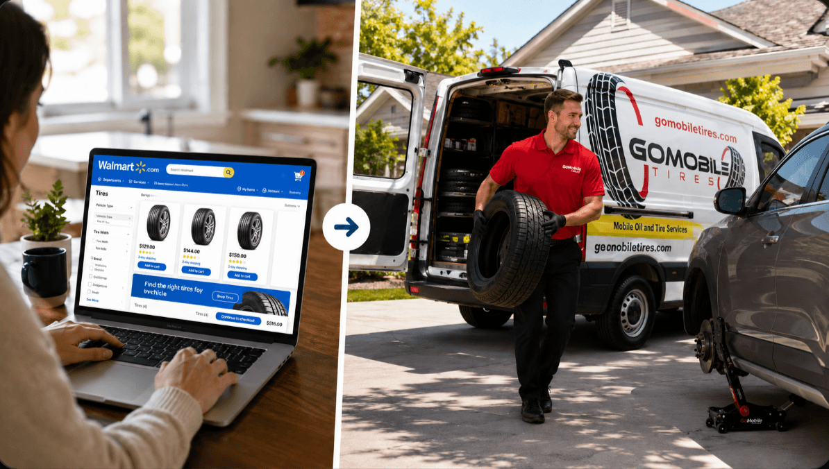 A customer shopping for tires online next to a GoMobile Tires technician carrying a tire at a service van